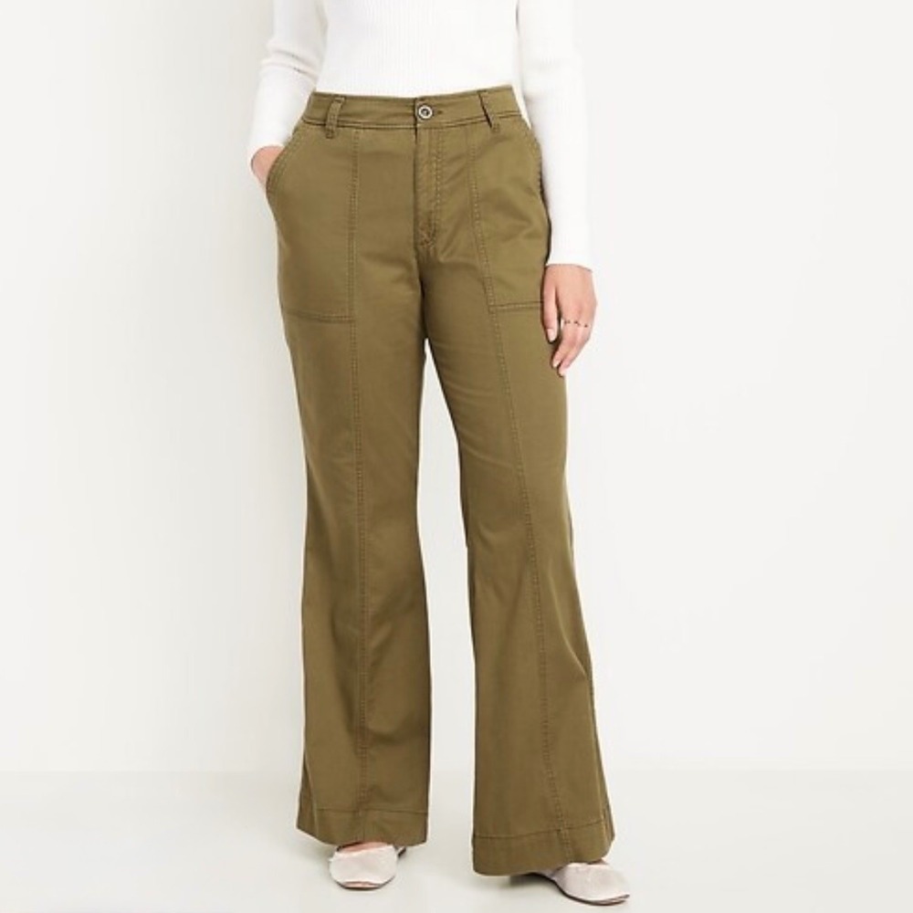 Old Navy Womens Satin Moss Mid-Rise Flare Patch Pocket Utility Pants Size 8